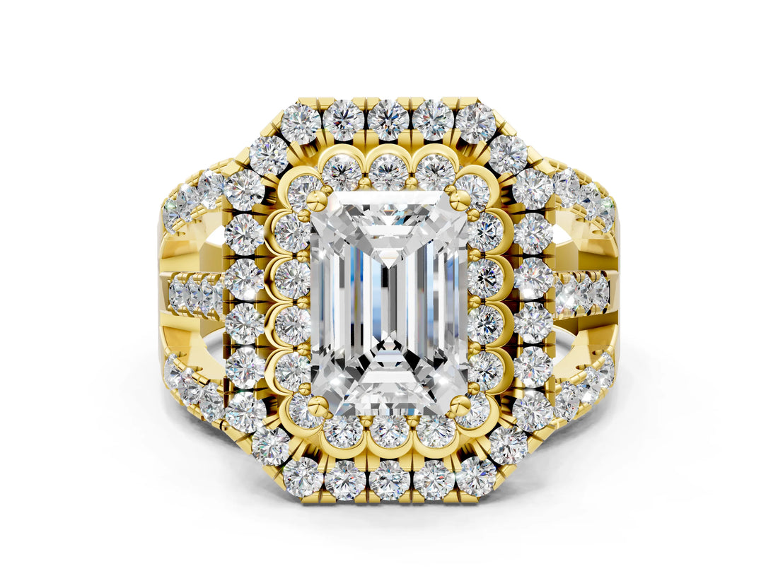 Yellow gold Double Halo Emerald Cut Diamond Split Shank Pave Set Ring_3
