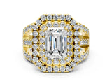 Yellow gold Double Halo Emerald Cut Diamond Split Shank Pave Set Ring_3