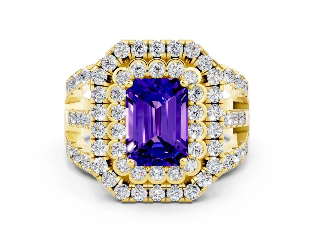 Yellow gold Double Halo Emerald Cut Diamond Split Shank Pave Set Ring