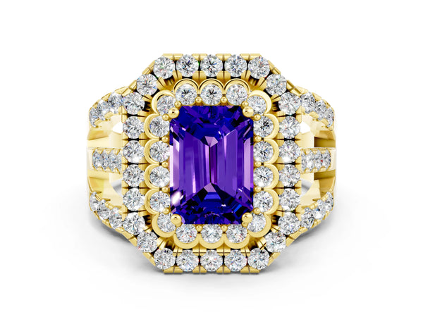 Yellow gold Emerald Cut Tanzanite Double Halo Ring with Round Pavé Split Shank and Prong Setting
