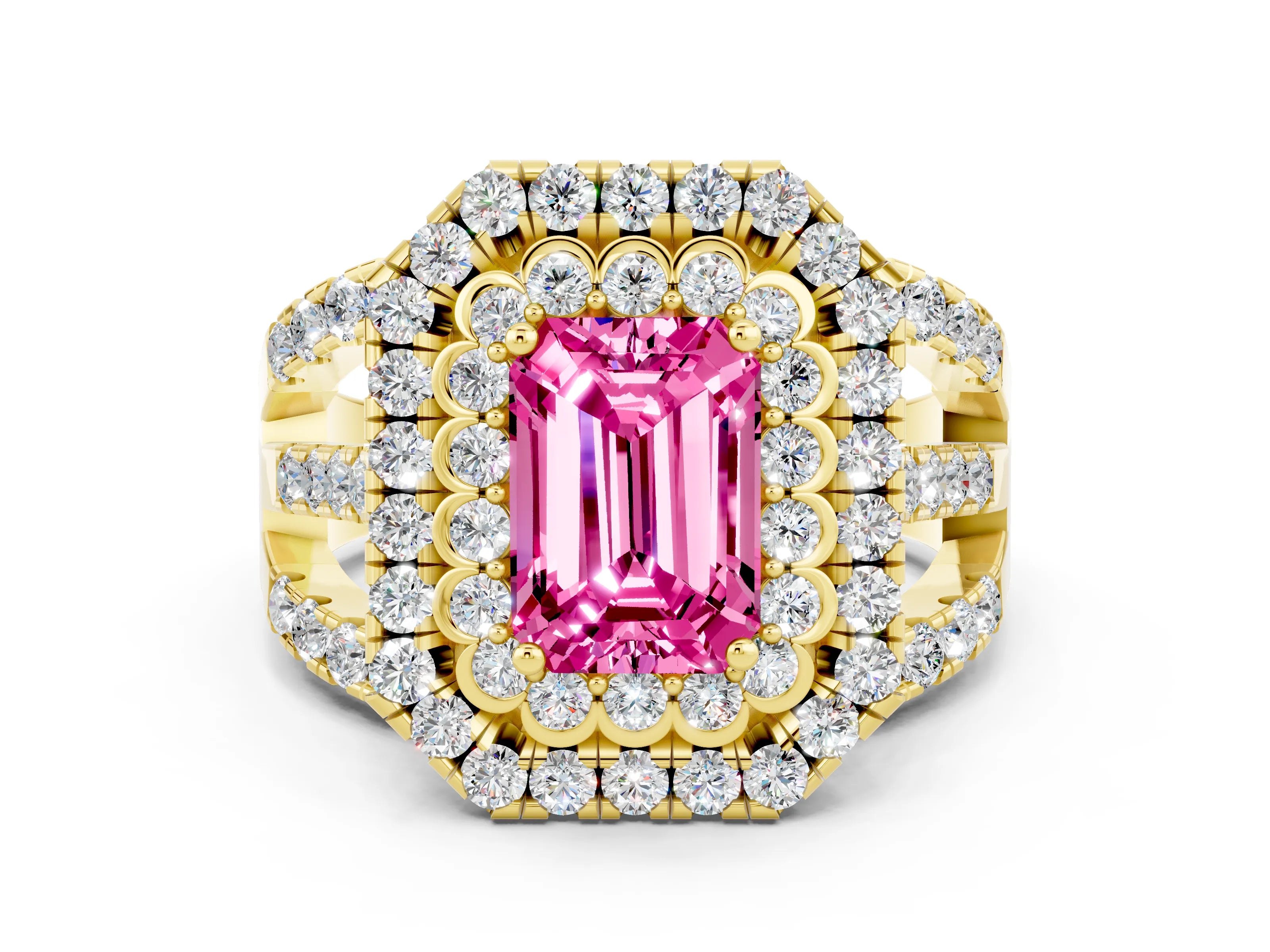 Yellow gold Double Halo Emerald Cut Diamond Split Shank Pave Set Ring