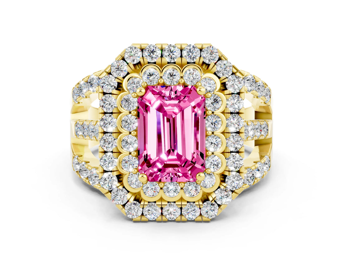 Yellow gold Double Halo Emerald Cut Diamond Split Shank Pave Set Ring