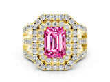 Yellow gold Double Halo Emerald Cut Diamond Split Shank Pave Set Ring