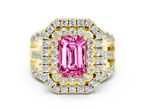 Yellow gold Emerald Cut Pink Sapphire Double Halo Ring with Round Pavé Split Shank and Prong Setting