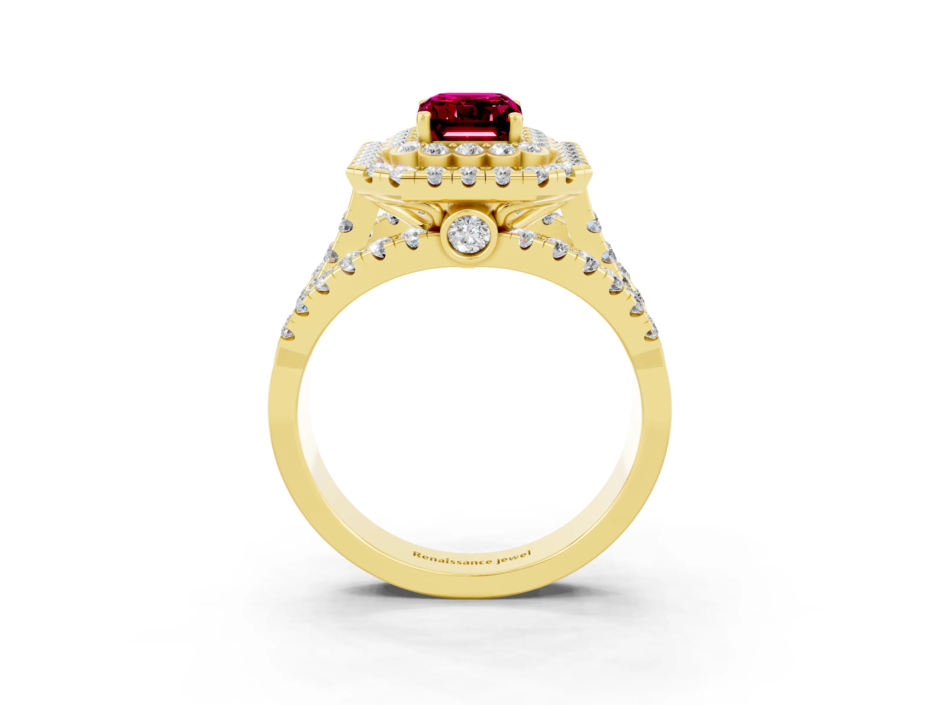 Yellow gold Double Halo Emerald Cut Diamond Split Shank Pave Set Ring_3