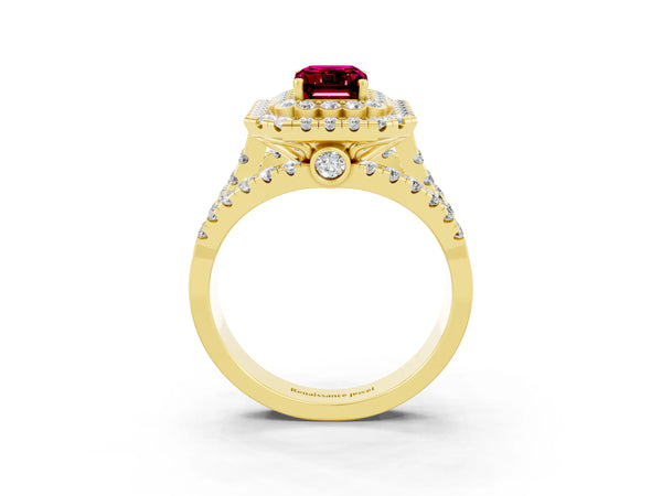 Yellow gold Emerald Cut Garnet Double Halo Ring with Round Pavé Split Shank and Prong Setting