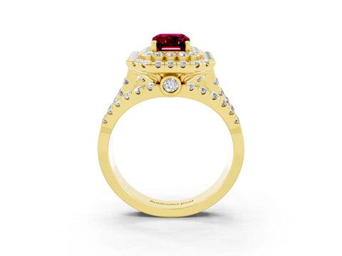 Yellow gold Double Halo Emerald Cut Diamond Split Shank Pave Set Ring_3