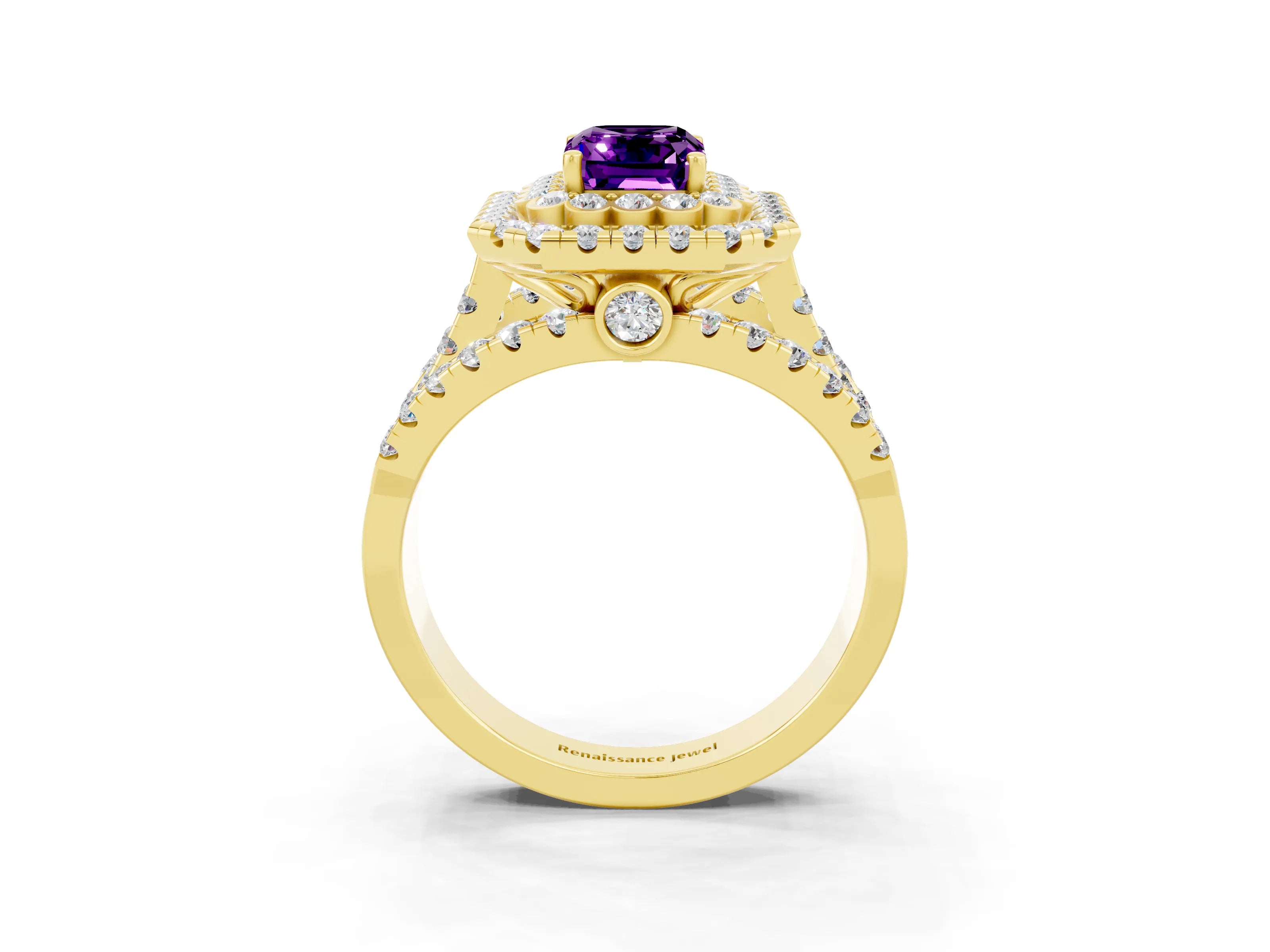 Yellow gold Double Halo Emerald Cut Diamond Split Shank Pave Set Ring_3