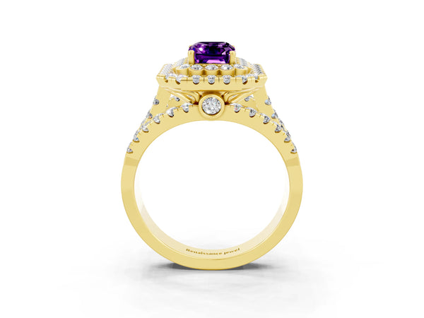 Yellow gold Emerald Cut Amethyst Double Halo Ring with Round Pavé Split Shank and Prong Setting
