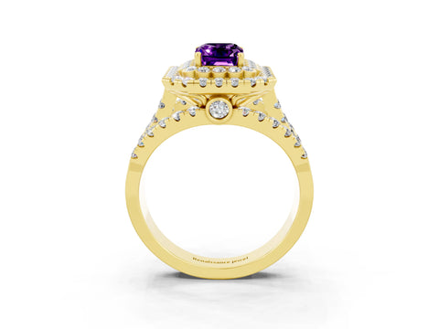 Yellow gold Double Halo Emerald Cut Diamond Split Shank Pave Set Ring_3