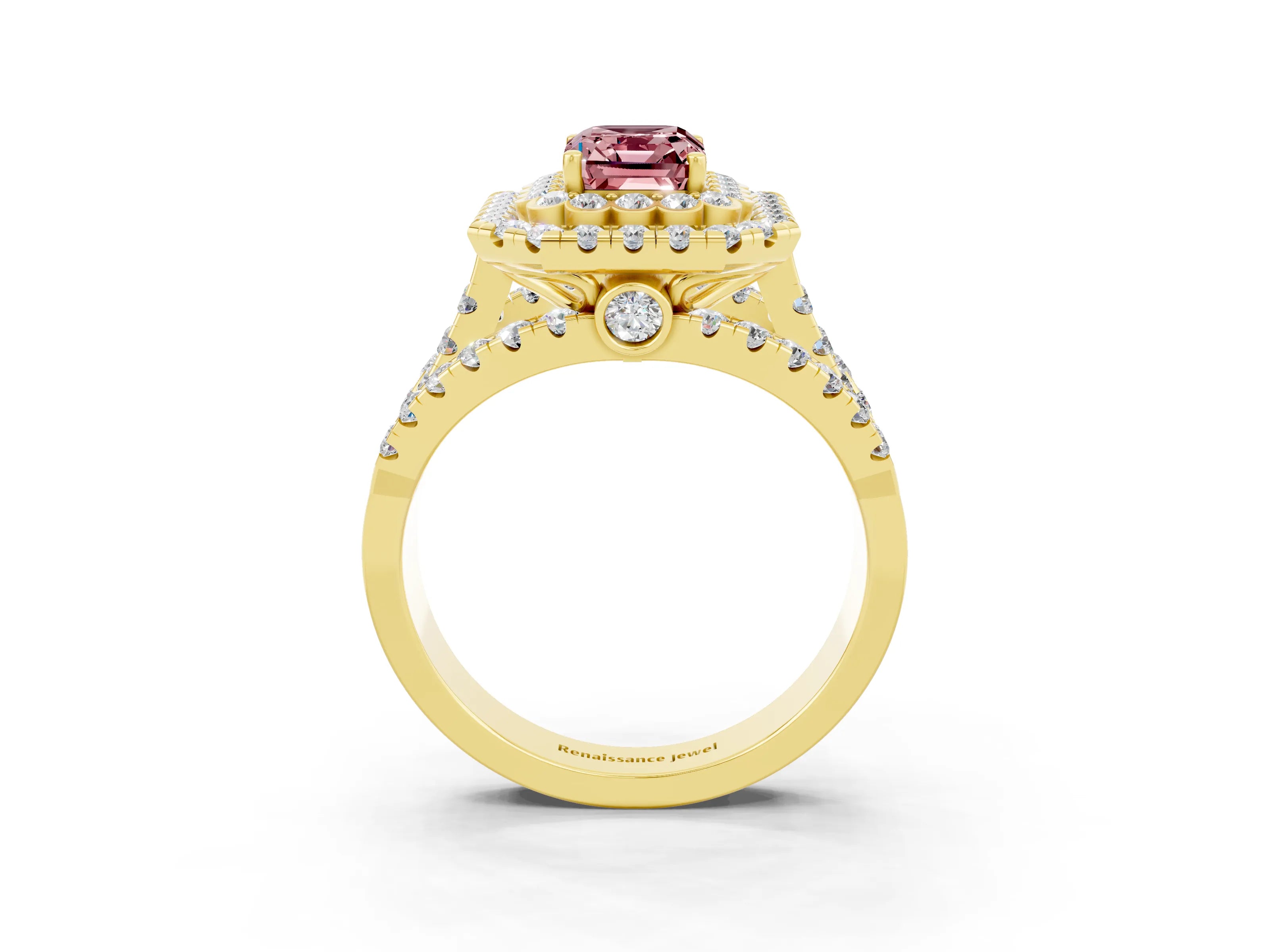 Yellow gold Double Halo Emerald Cut Diamond Split Shank Pave Set Ring_3