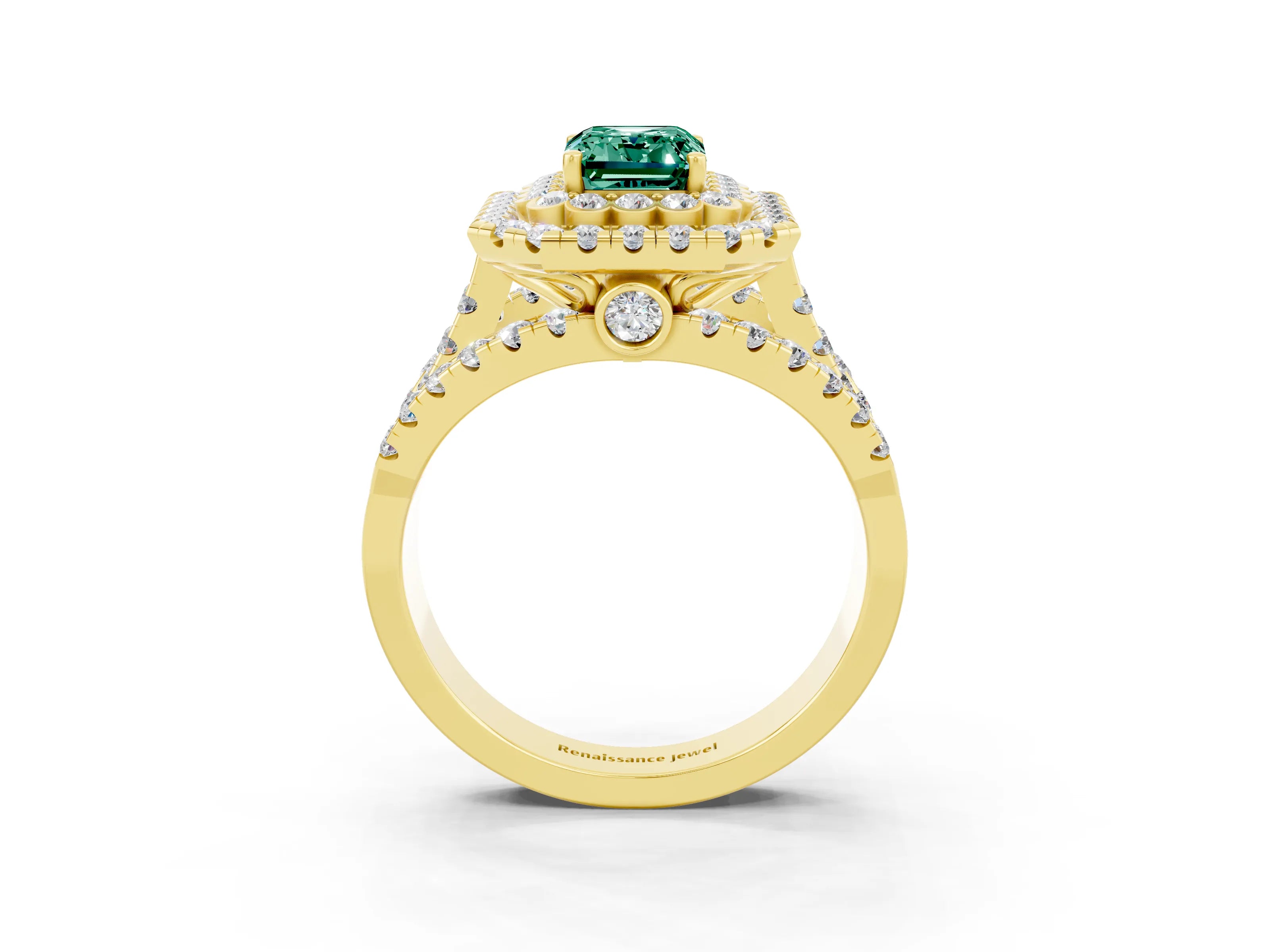 Yellow gold Double Halo Emerald Cut Diamond Split Shank Pave Set Ring_3