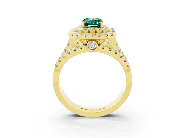 Yellow gold Emerald Cut Green Sapphire Double Halo Ring with Round Pavé Split Shank and Prong Setting