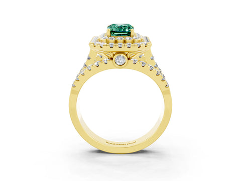 Yellow gold Double Halo Emerald Cut Diamond Split Shank Pave Set Ring_3