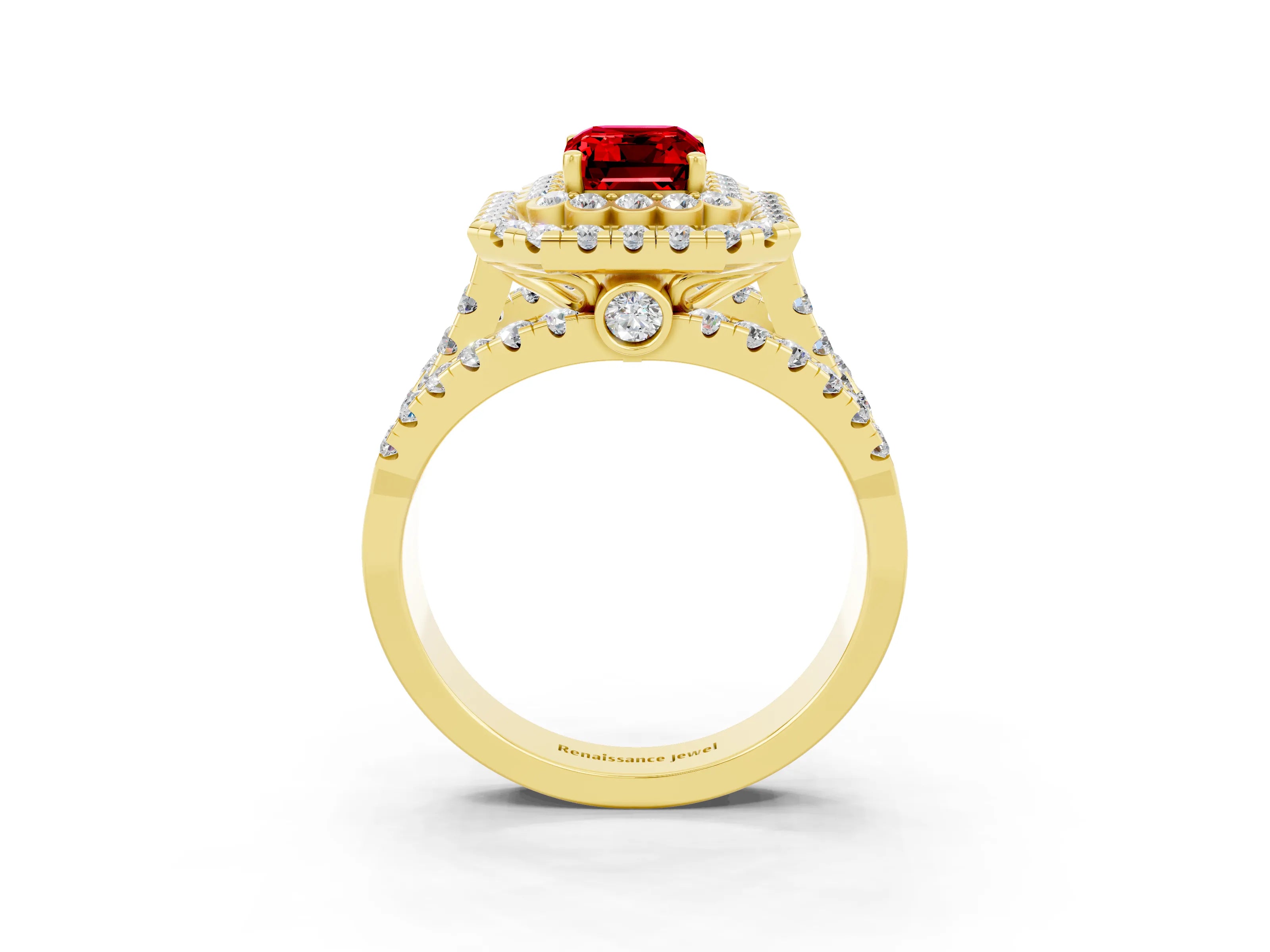 Yellow gold Double Halo Emerald Cut Diamond Split Shank Pave Set Ring_3
