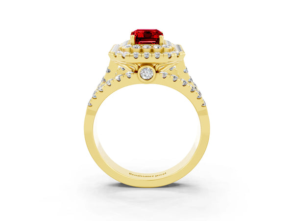 Yellow gold Double Halo Emerald Cut Diamond Split Shank Pave Set Ring