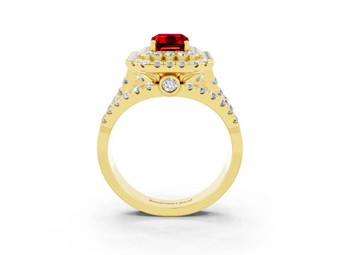 Yellow gold Double Halo Emerald Cut Diamond Split Shank Pave Set Ring_3