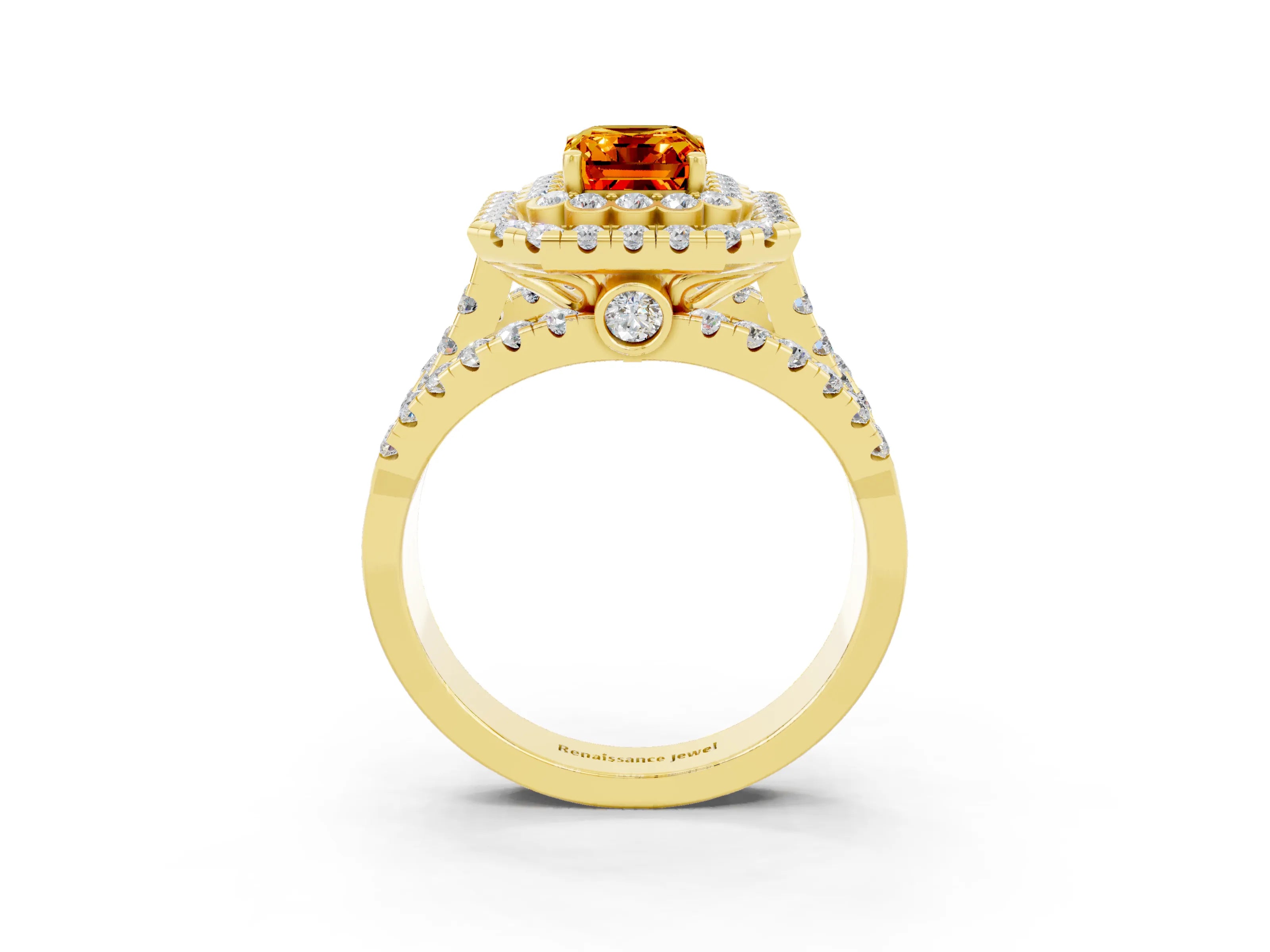 Yellow gold Double Halo Emerald Cut Diamond Split Shank Pave Set Ring_3