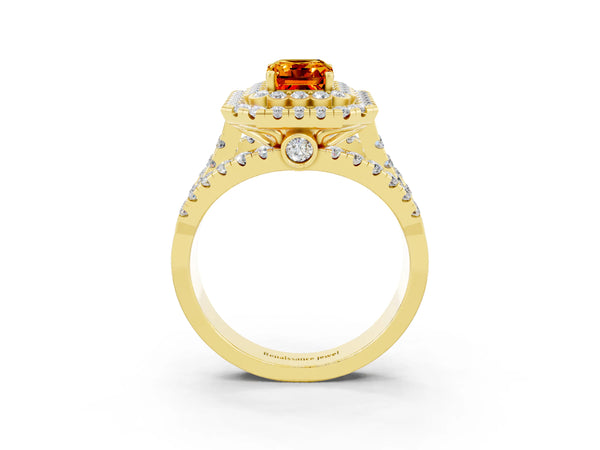 Yellow gold Emerald Cut Citrine Double Halo Ring with Round Pavé Split Shank and Prong Setting