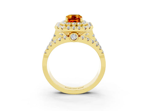 Yellow gold Double Halo Emerald Cut Diamond Split Shank Pave Set Ring_3