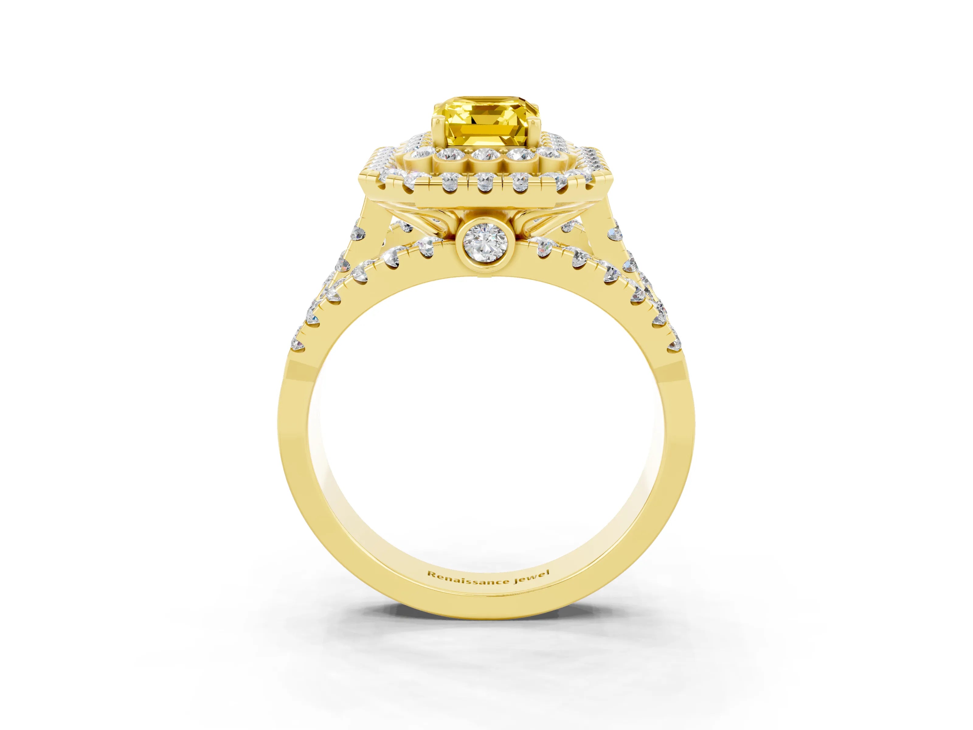 Yellow gold Double Halo Emerald Cut Diamond Split Shank Pave Set Ring_3