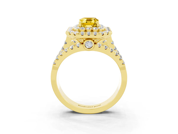Yellow gold Emerald Cut Yellow Sapphire Double Halo Ring with Round Pavé Split Shank and Prong Setting