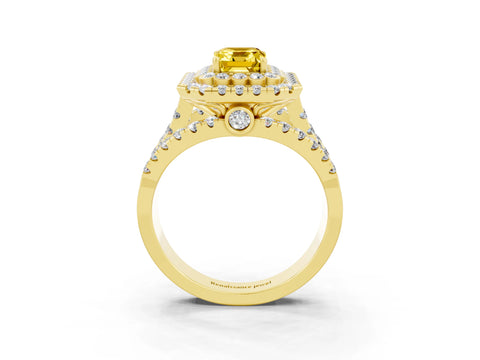 Yellow gold Double Halo Emerald Cut Diamond Split Shank Pave Set Ring_3