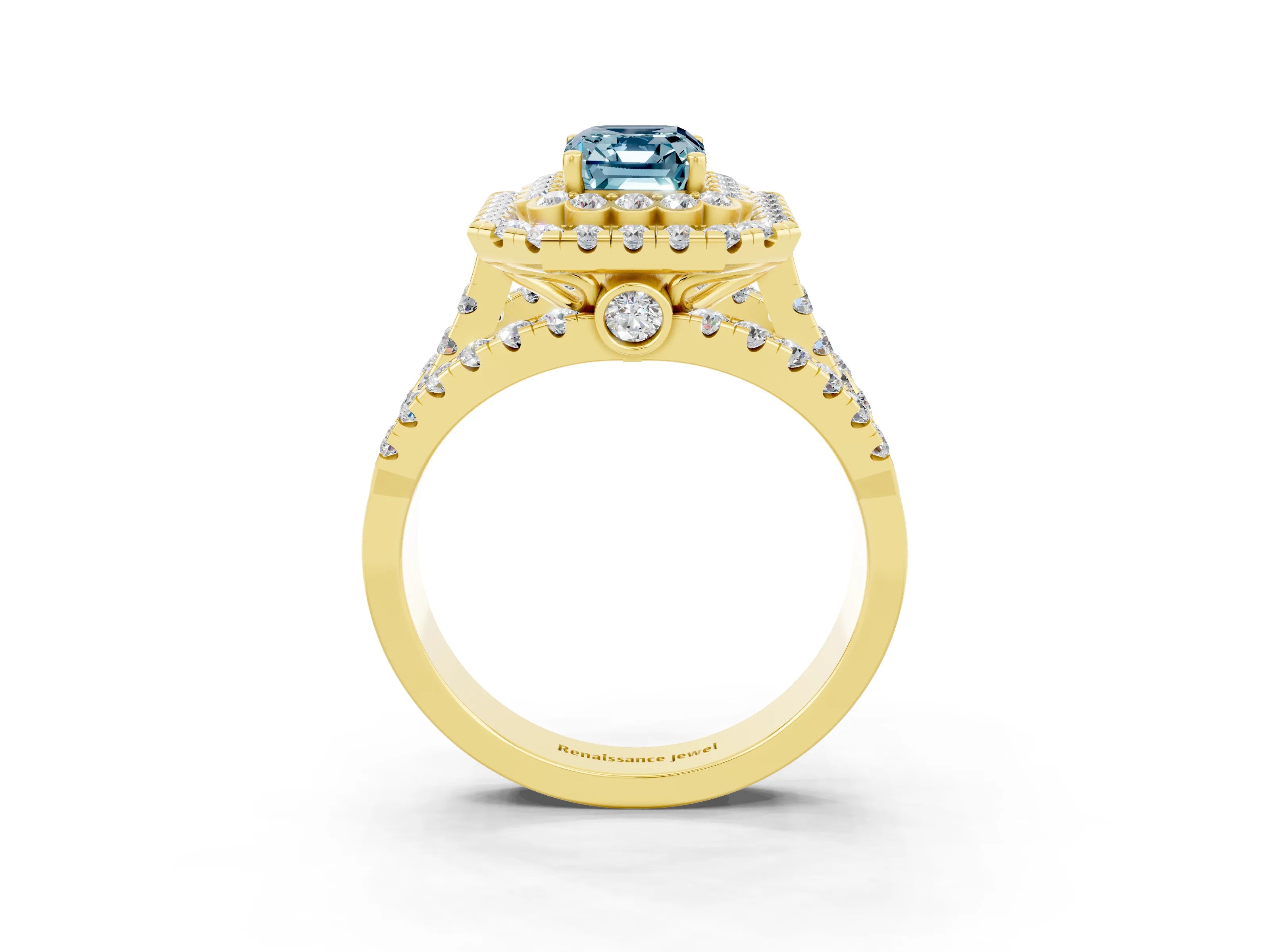 Yellow gold Double Halo Emerald Cut Diamond Split Shank Pave Set Ring_3