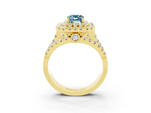 Yellow gold Emerald Cut Aquamarine Double Halo Ring with Round Pavé Split Shank and Prong Setting