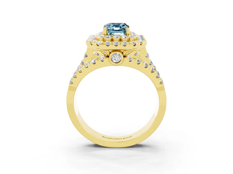 Yellow gold Double Halo Emerald Cut Diamond Split Shank Pave Set Ring_3