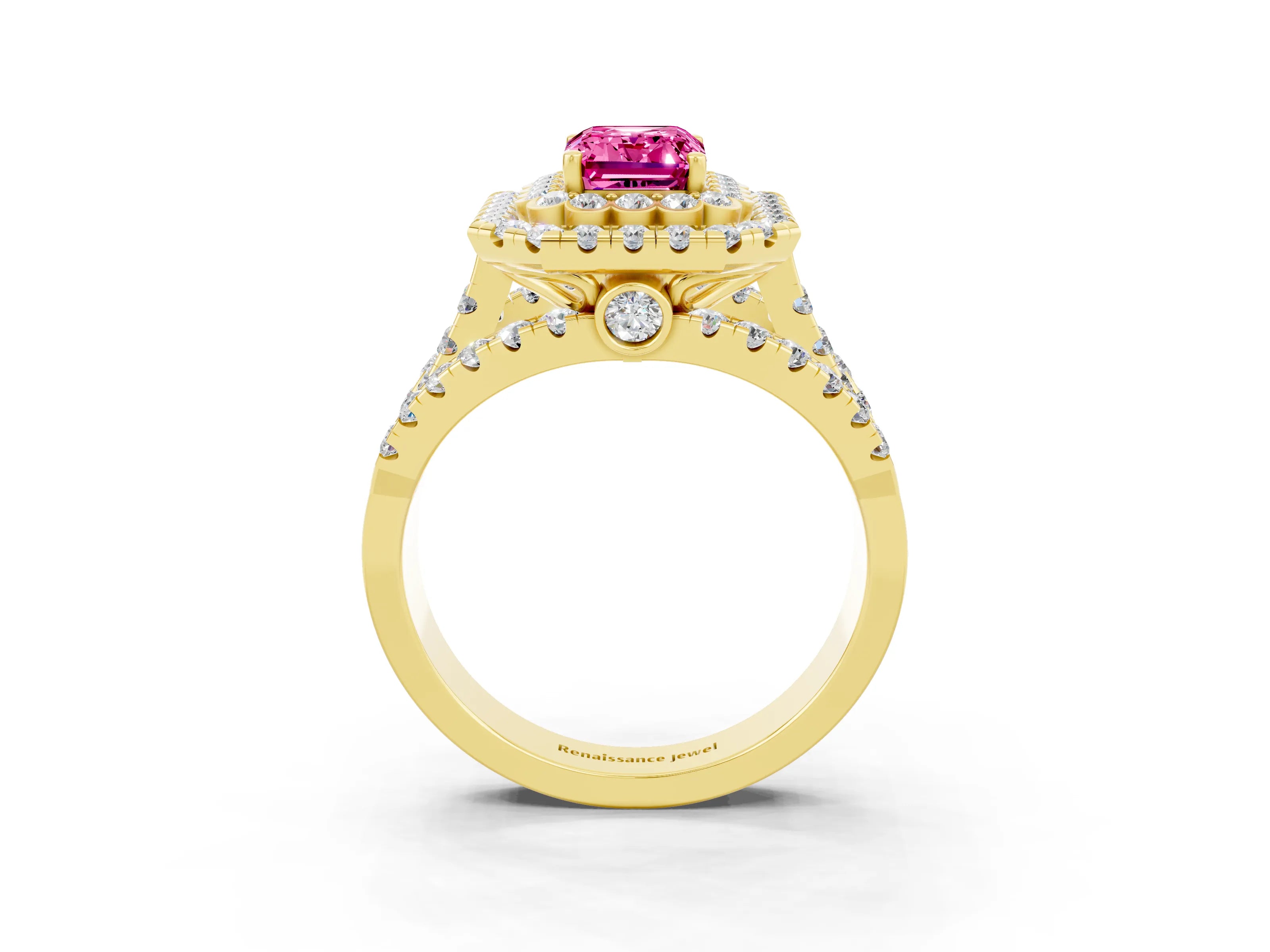 Yellow gold Double Halo Emerald Cut Diamond Split Shank Pave Set Ring_3