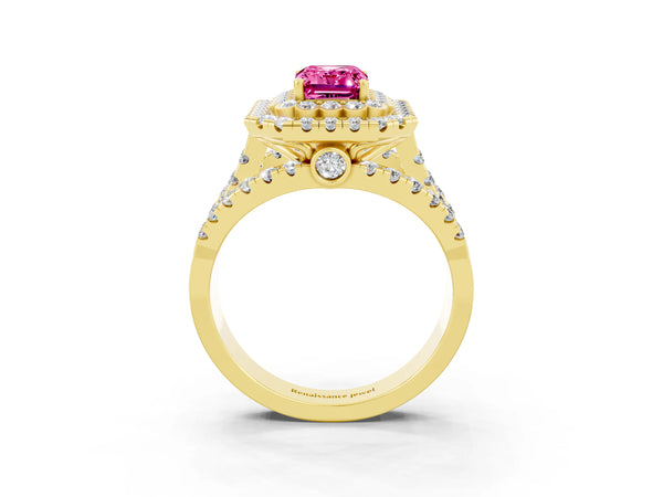 Yellow gold Emerald Cut Pink Sapphire Double Halo Ring with Round Pavé Split Shank and Prong Setting