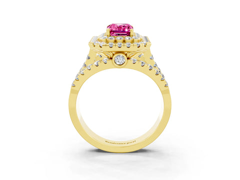 Yellow gold Double Halo Emerald Cut Diamond Split Shank Pave Set Ring_3