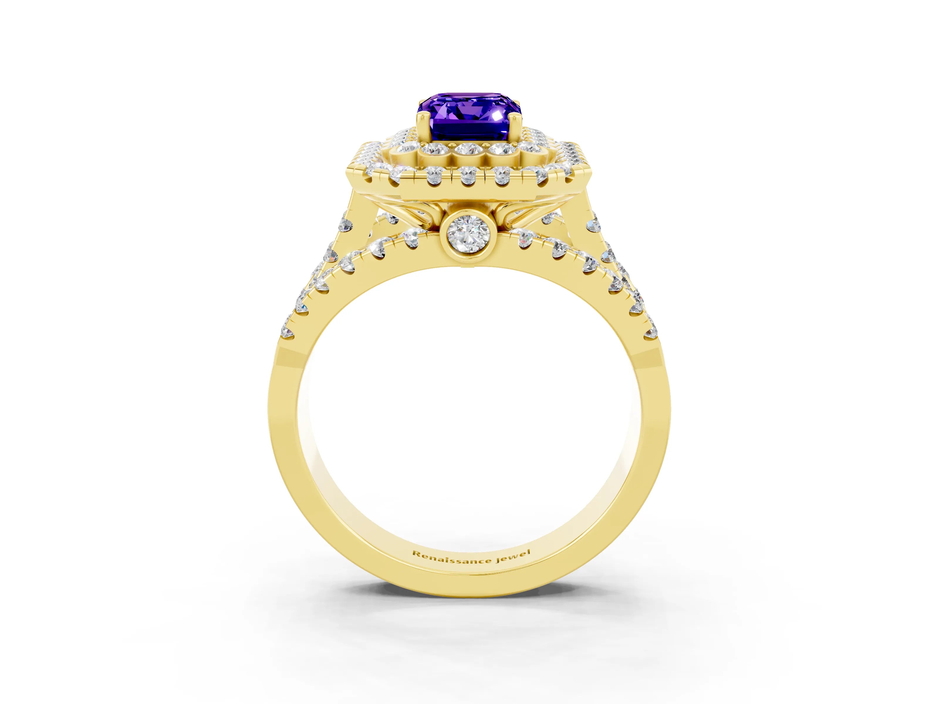 Yellow gold Double Halo Emerald Cut Diamond Split Shank Pave Set Ring_3