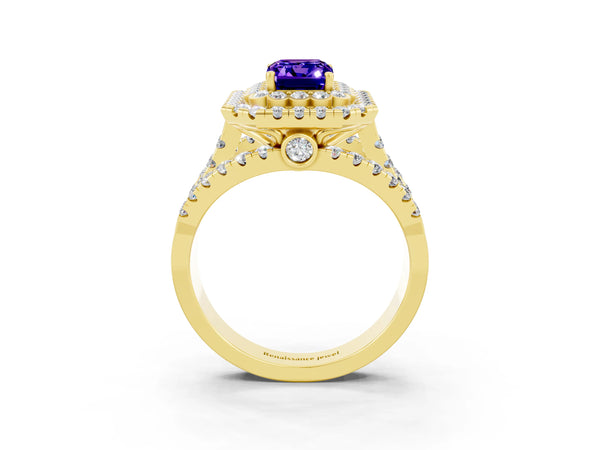 Yellow gold Emerald Cut Tanzanite Double Halo Ring with Round Pavé Split Shank and Prong Setting