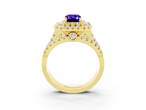 Yellow gold Double Halo Emerald Cut Diamond Split Shank Pave Set Ring_3