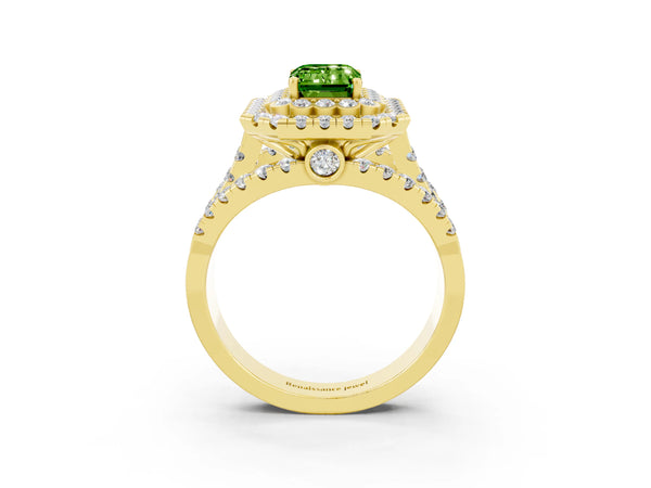 Yellow gold Double Halo Emerald Cut Diamond Split Shank Pave Set Ring