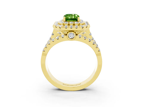 Yellow gold Double Halo Emerald Cut Diamond Split Shank Pave Set Ring_3