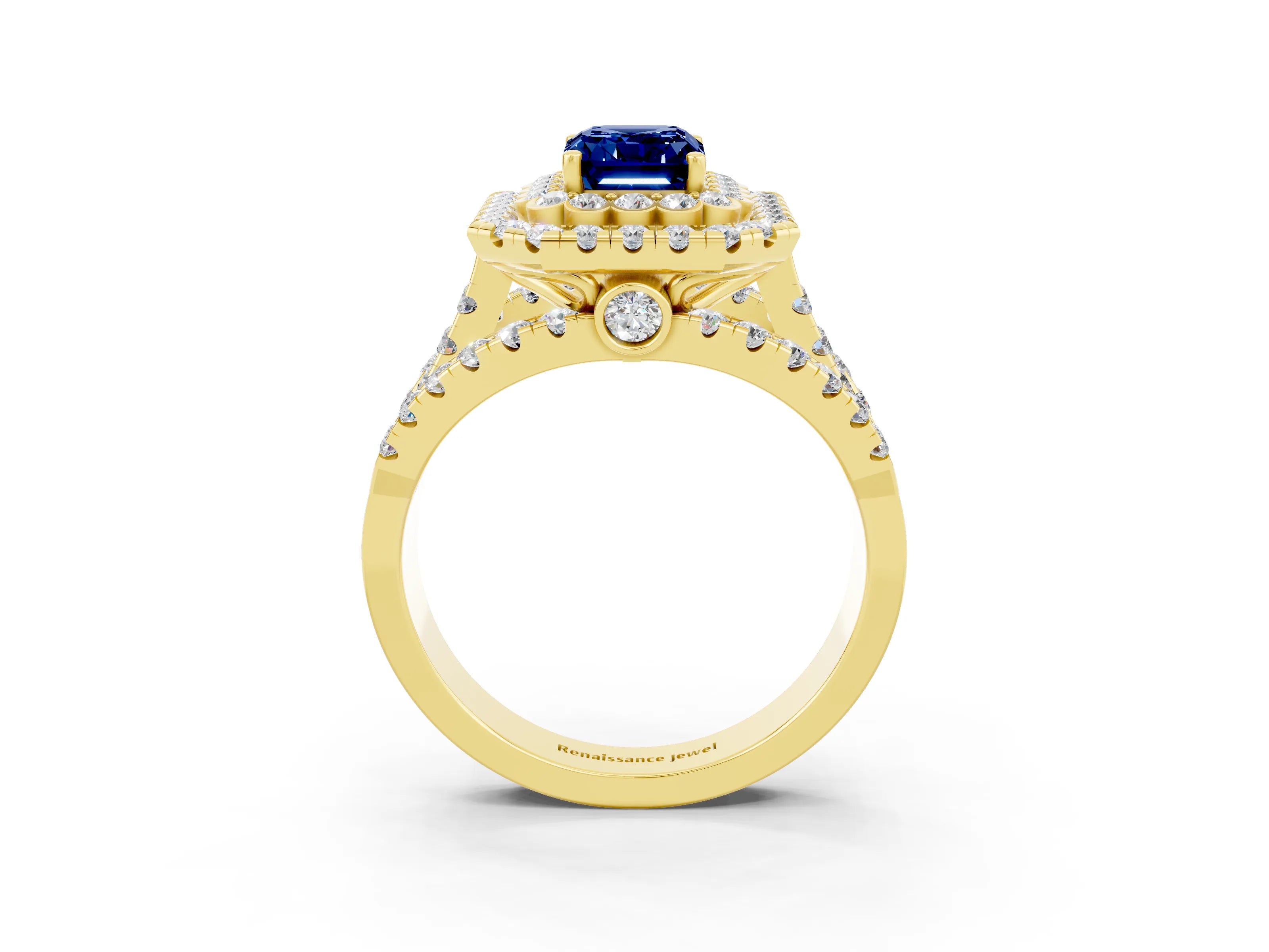 Yellow gold Double Halo Emerald Cut Diamond Split Shank Pave Set Ring_3