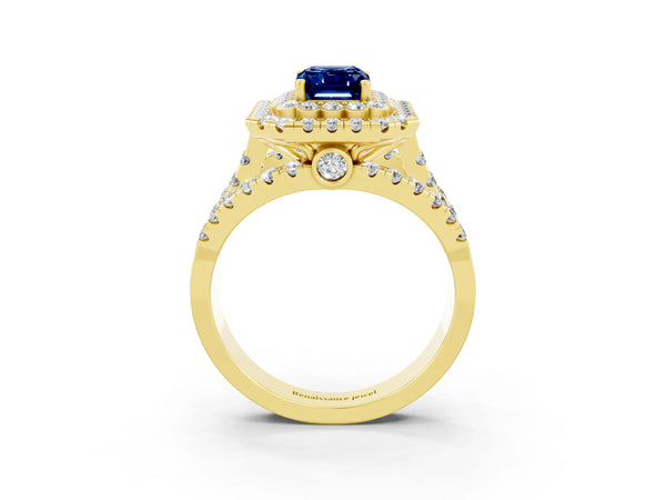 Yellow gold Double Halo Emerald Cut Diamond Split Shank Pave Set Ring