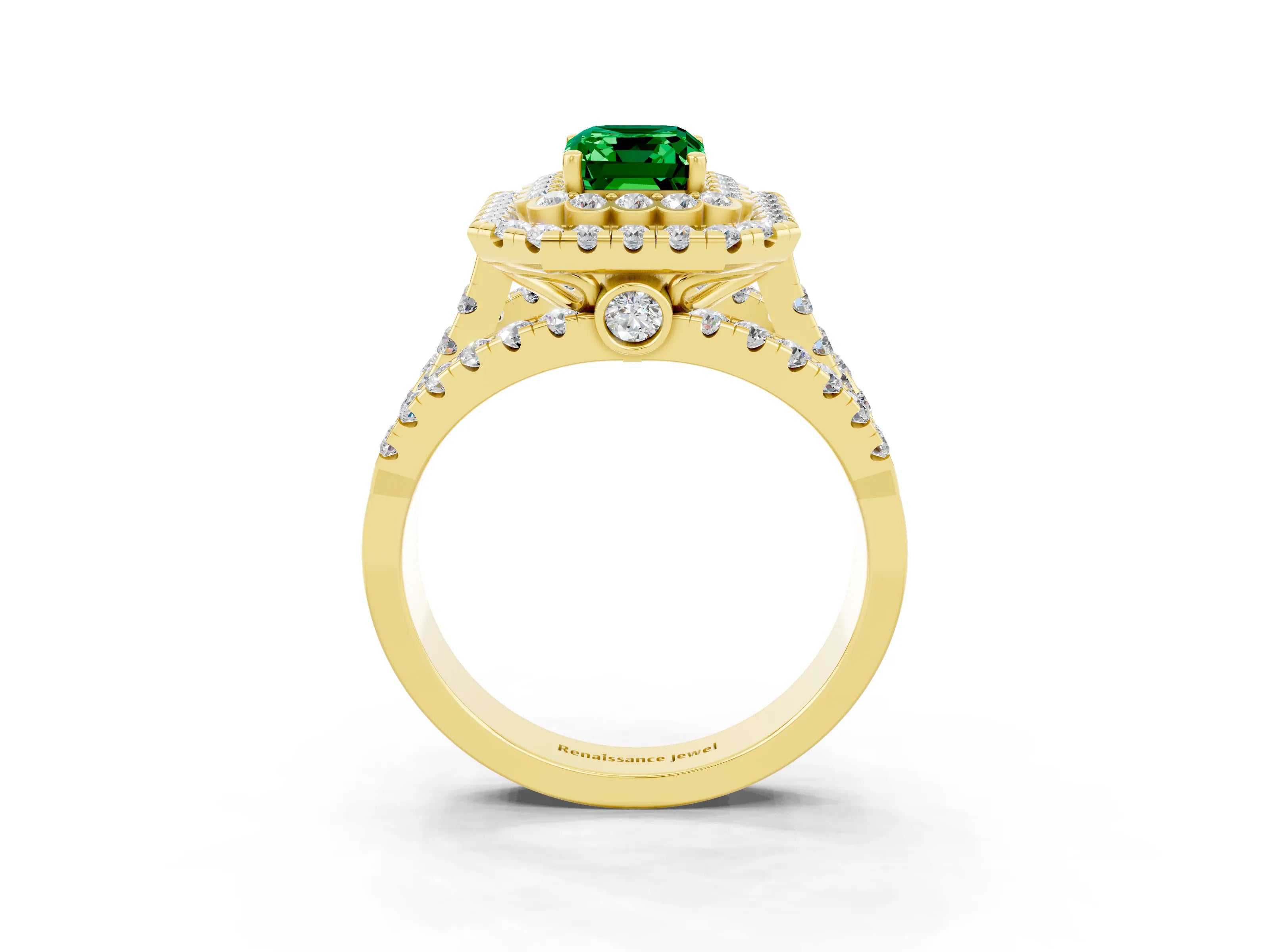 Yellow gold Double Halo Emerald Cut Diamond Split Shank Pave Set Ring_3