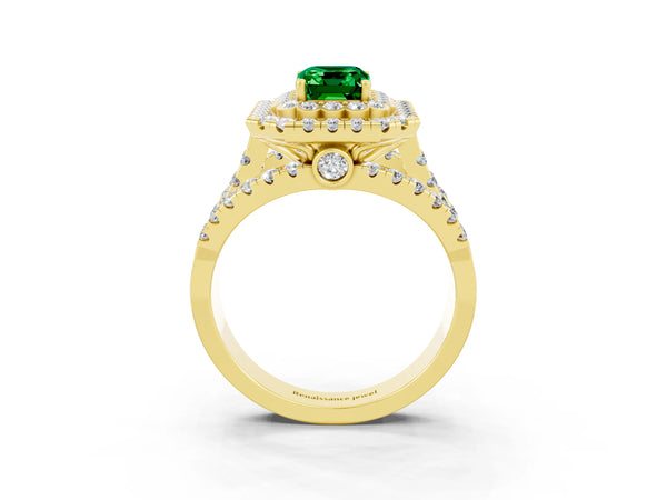 Yellow gold Emerald Cut Emerald Double Halo Ring with Round Pavé Split Shank and Prong Setting