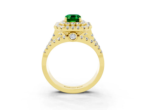 Yellow gold Double Halo Emerald Cut Diamond Split Shank Pave Set Ring_3