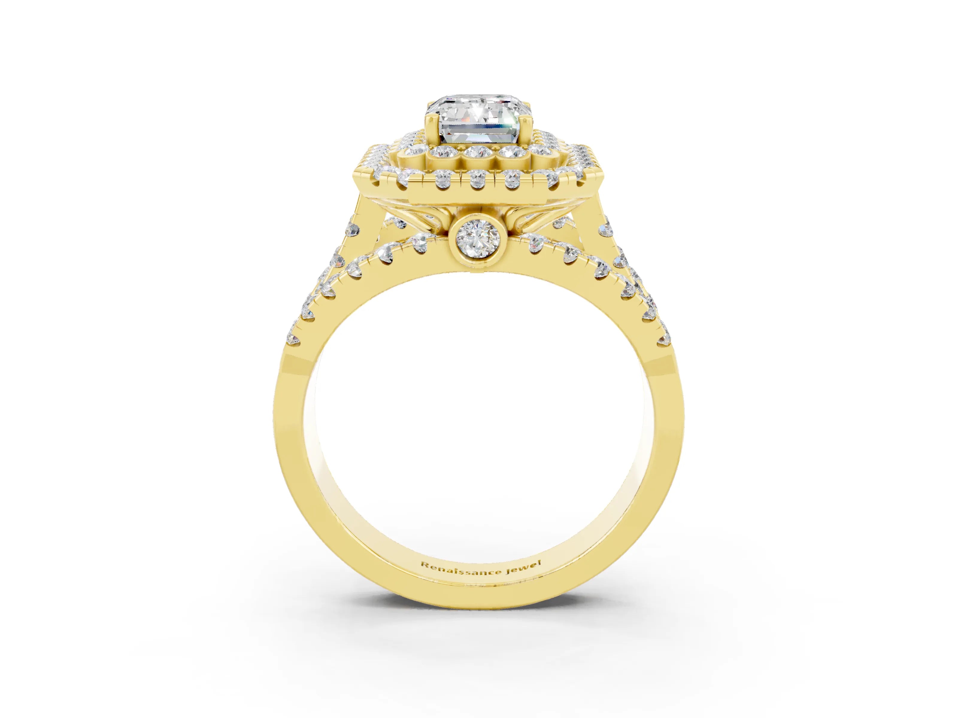 Yellow gold Double Halo Emerald Cut Diamond Split Shank Pave Set Ring_3