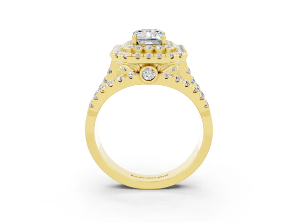 Yellow gold Emerald Cut Moissanite Double Halo Ring with Round Pavé Split Shank and Prong Setting