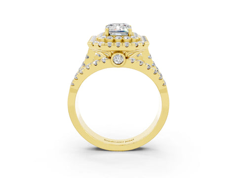 Yellow gold Double Halo Emerald Cut Diamond Split Shank Pave Set Ring_3