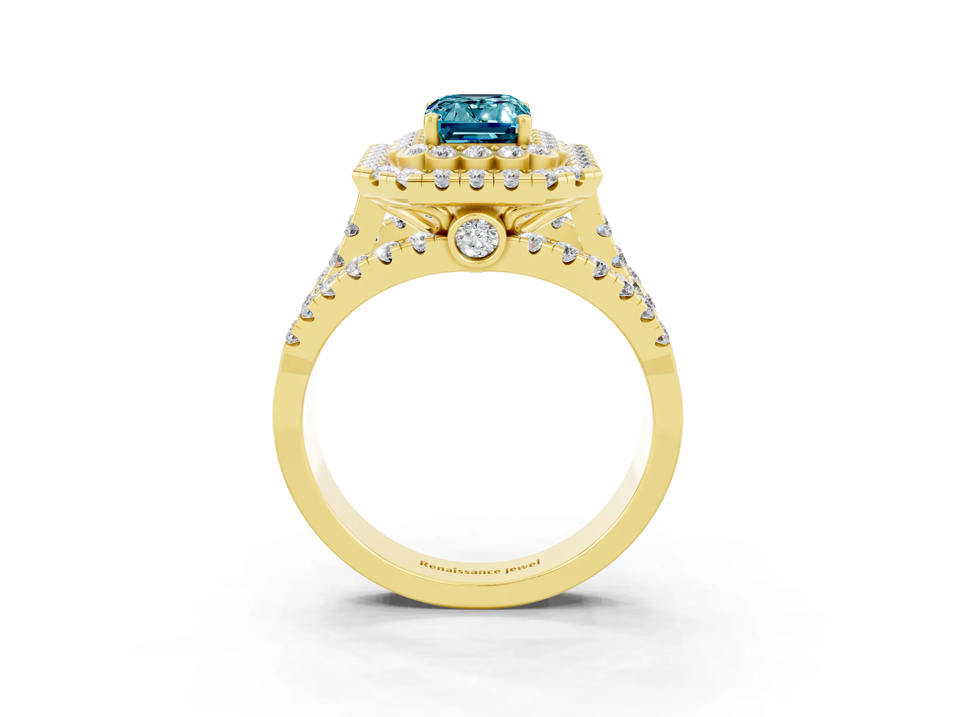 Yellow gold Double Halo Emerald Cut Diamond Split Shank Pave Set Ring_3