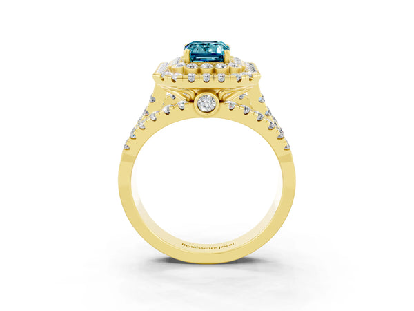 Yellow gold Double Halo Emerald Cut Diamond Split Shank Pave Set Ring