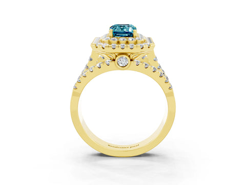 Yellow gold Double Halo Emerald Cut Diamond Split Shank Pave Set Ring_3
