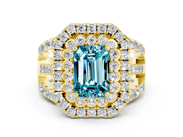 Yellow gold Double Halo Emerald Cut Diamond Split Shank Pave Set Ring